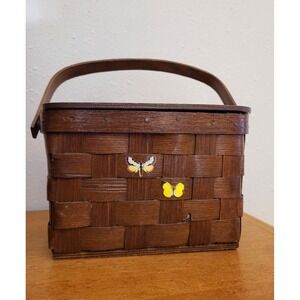 Vtg 70's Decoupage Purse Basket Basketville Woven Hickory Handle‎ Putney Vermont